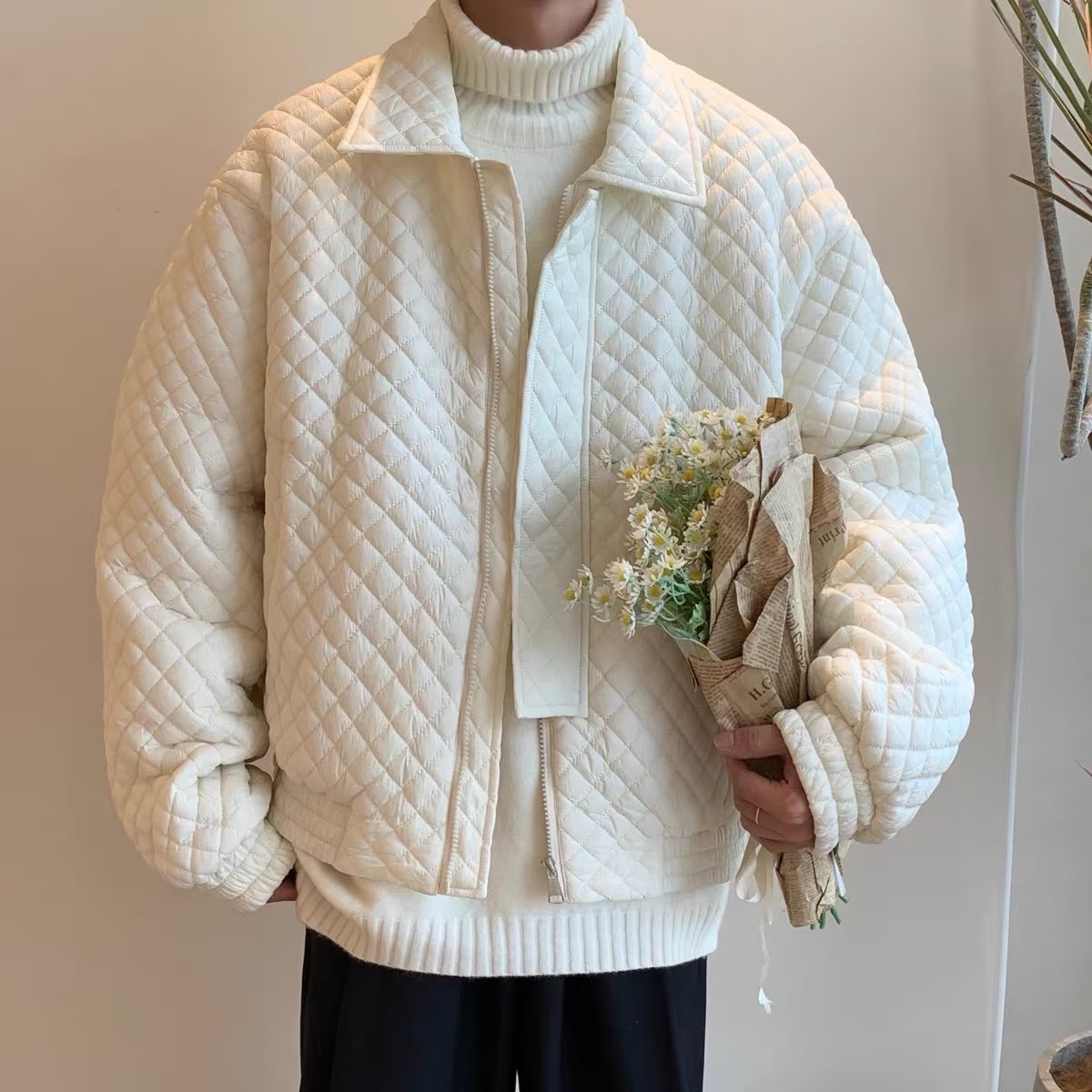 Dia Cotton Jacket Men's Autumn Winter Loose Jackets Solid Color Long Sleeves Turndown Collar Zipper Tops Casual Coat Parkas