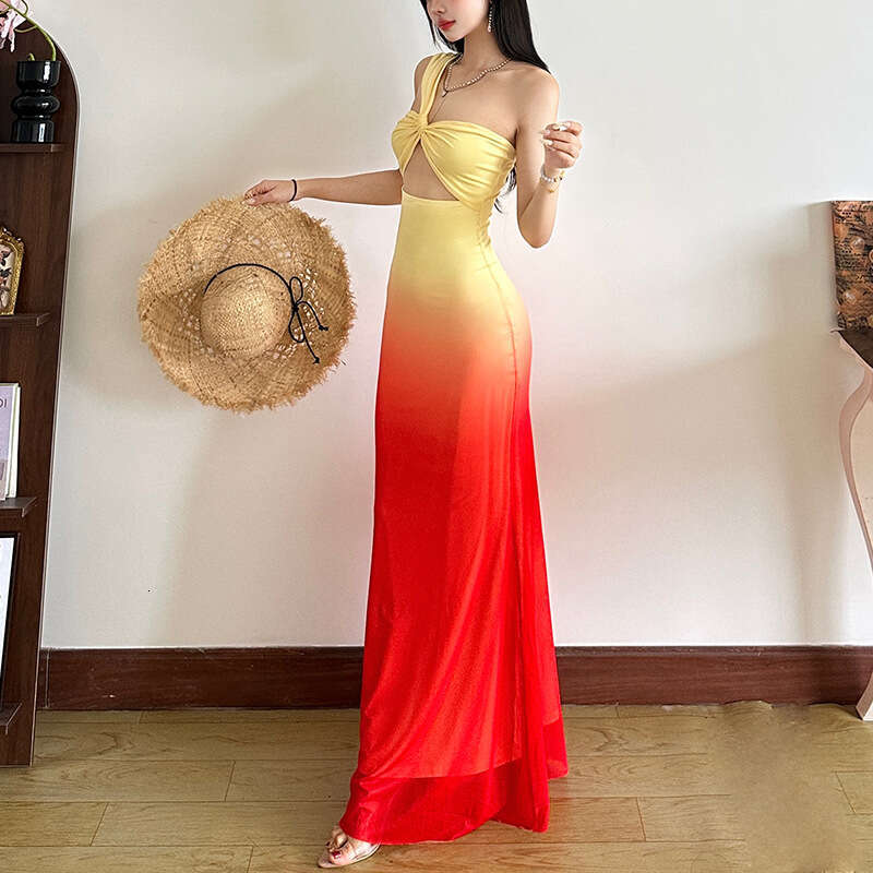 2025 Spring New Women's Solid Color Slim High Waist Fashion Single Shoulder Strap Sleeveless Dress 1fc