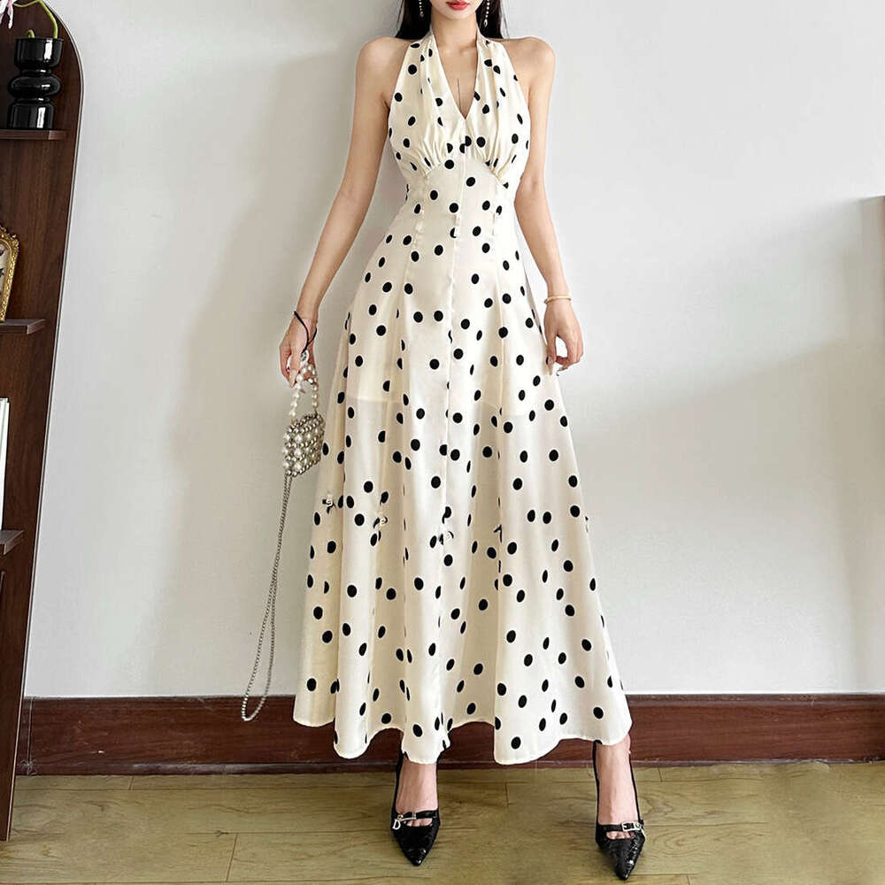 2025 Summer New Fashion Polka Dot Slim Halter Neck Trendy Waist-Cinching Elegant Long Dress 410