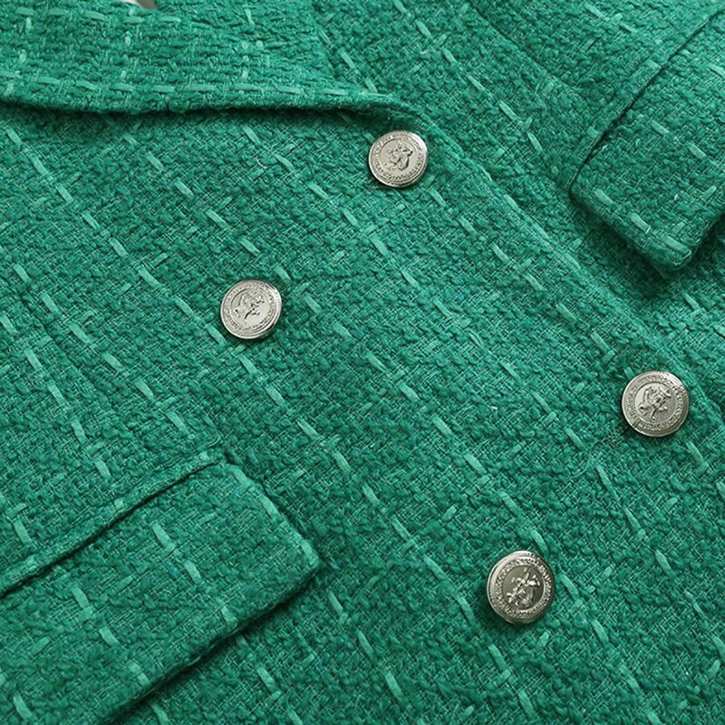 Women's Spring Autumn Fashion Double Breasted Tweed Plaid Blazer Coat Retro Long Sleeve Pocket Jacket
