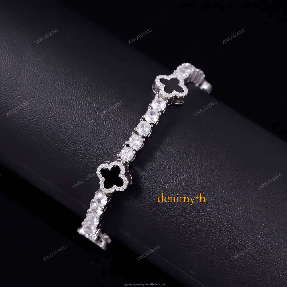 Iced Out Cuban Sterling Sier VVS Moissanite Dia Four Leaf Clover Bracelet 3mm 4mm Tennis Chain