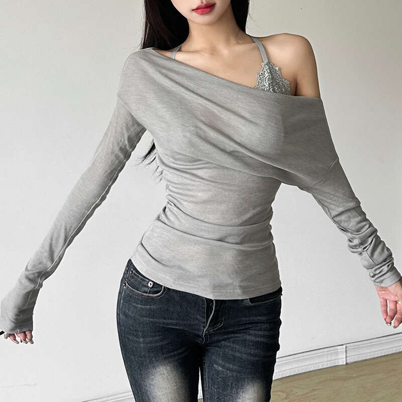2024 Autumn New Women's Solid Color Slim Street Fashion Asymmetrical Neck Long Sleeve Top Two-Piece Set 5f4