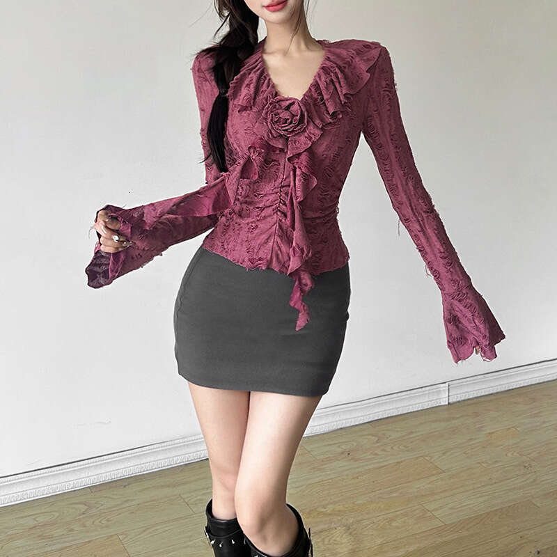 2024 Autumn New Women's Solid Color Street Fashion Long Sleeve V-Neck Slim Fit T-Shirt 84b