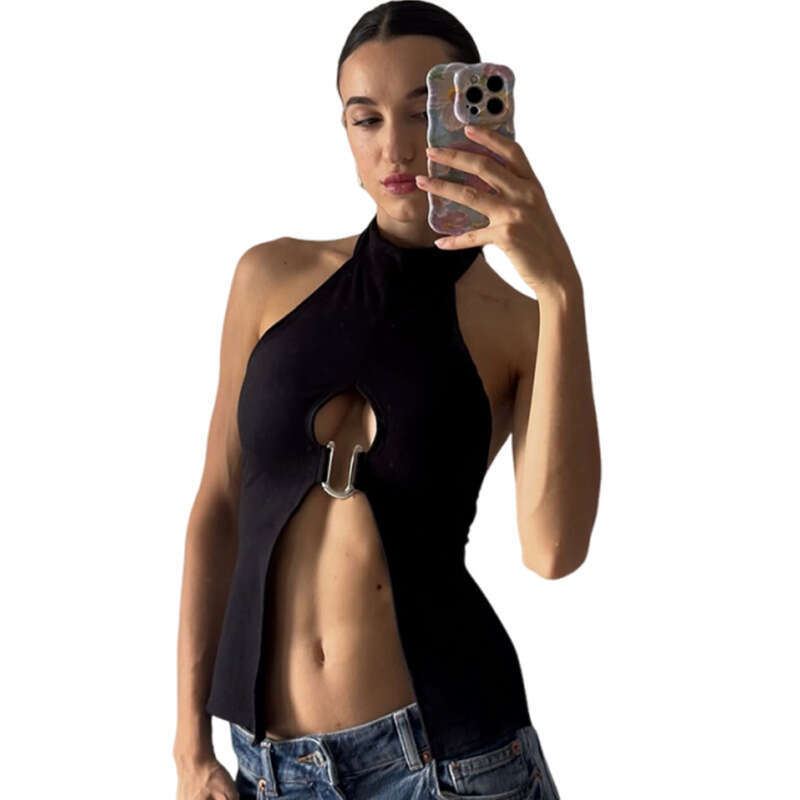 2025 Summer New Ins Style Hot Girl Sexy Slim Hollow Out Cropped Halter Top for Women 980