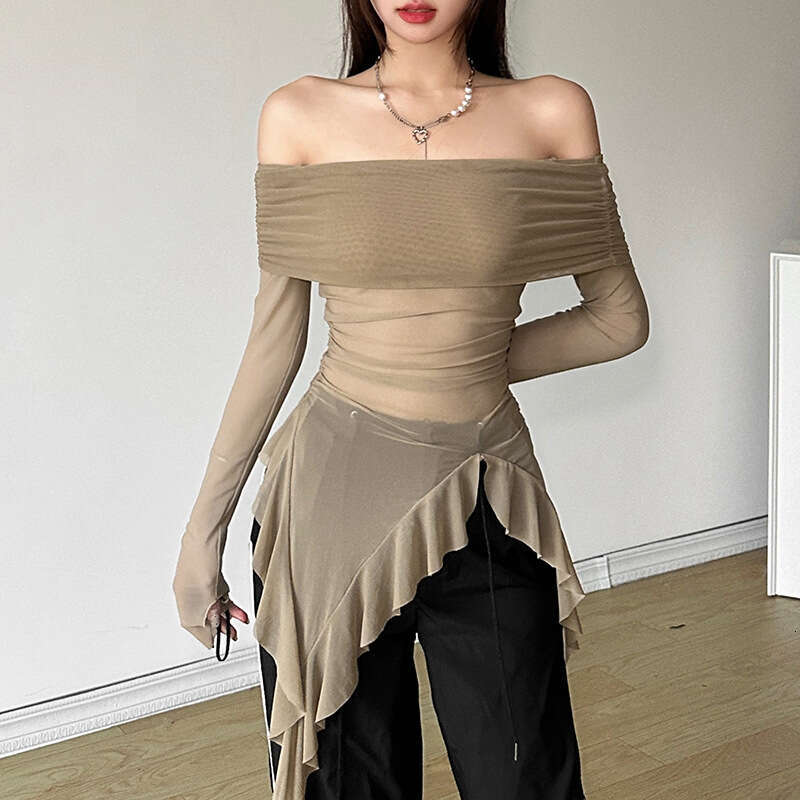 2024 Autumn New Women's Fashion Solid Color Slim Street Style Off-Shoulder Long Sleeve Sheer Top b87