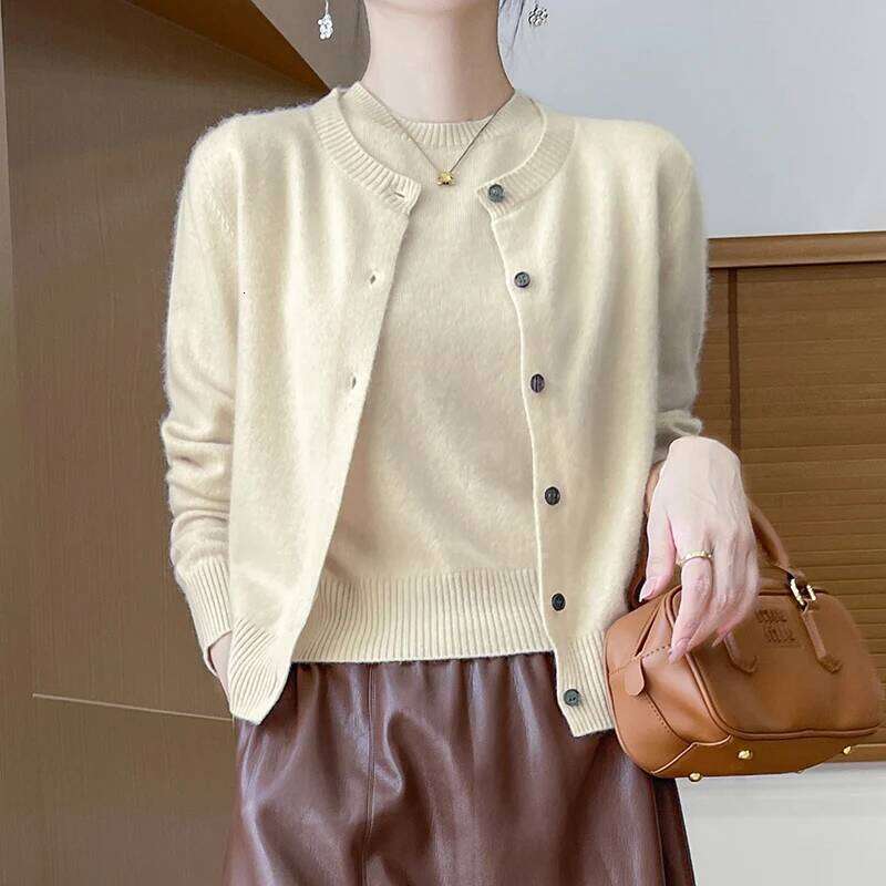Women 100% Merino Wool Two Piece Set Sweater O-Neck Long Cardigan And Short Sleeve Pullover All Seasons Cashmere Knit Top MDNG