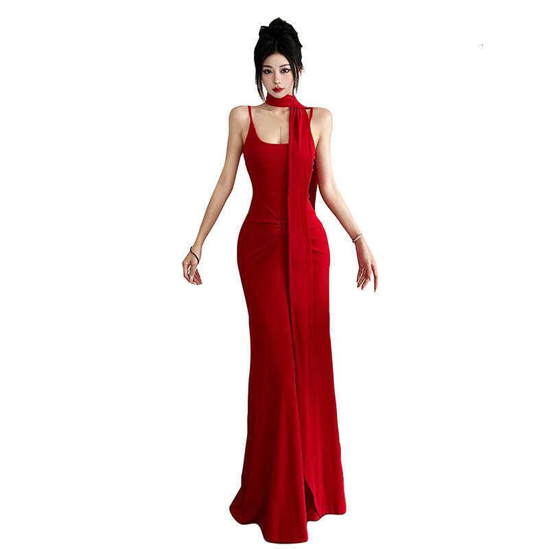 2025 Summer New Sexy Backless Elegant Waist-Cinching Slim Neck Strap Long Dress for Women 8a8