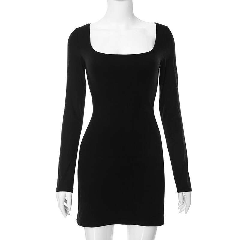 Q23ds460 Autumn New Ins Style Solid Color Square Neck Pullover Long Sleeve Bodycon Dress B5