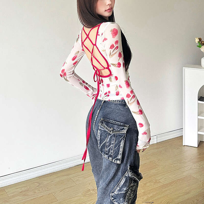 2024 Summer New Women's Fashion Solid Color Slim Street Style Round Neck Long Sleeve Backless Top c91