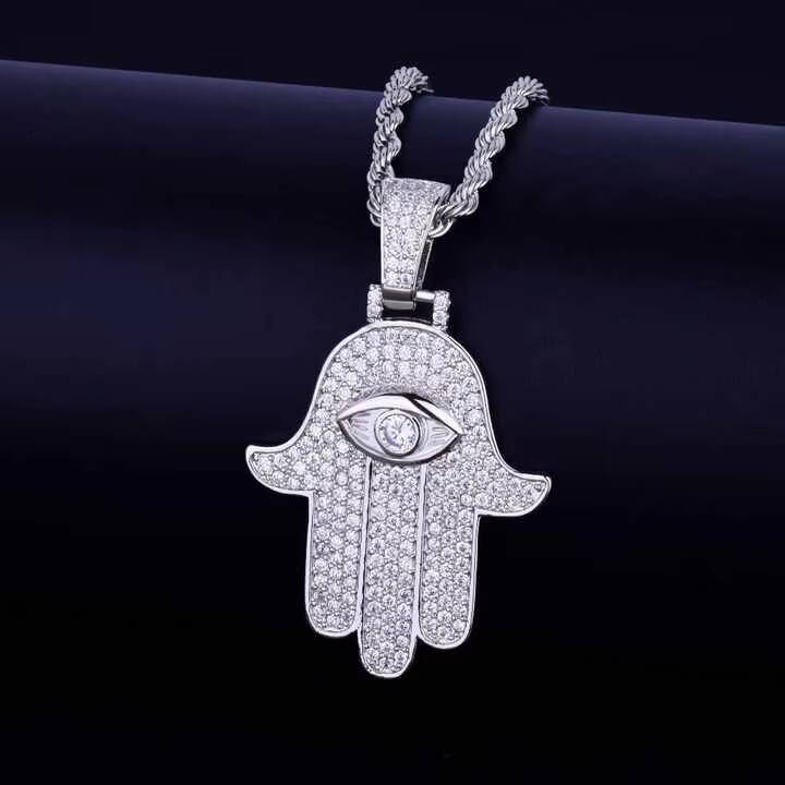 Exclusive Iced Out Fatima Hamsa Hand Pendant with VVS CZ and Moissanite Luxury Hip Hop Necklace for Unisex Fashion