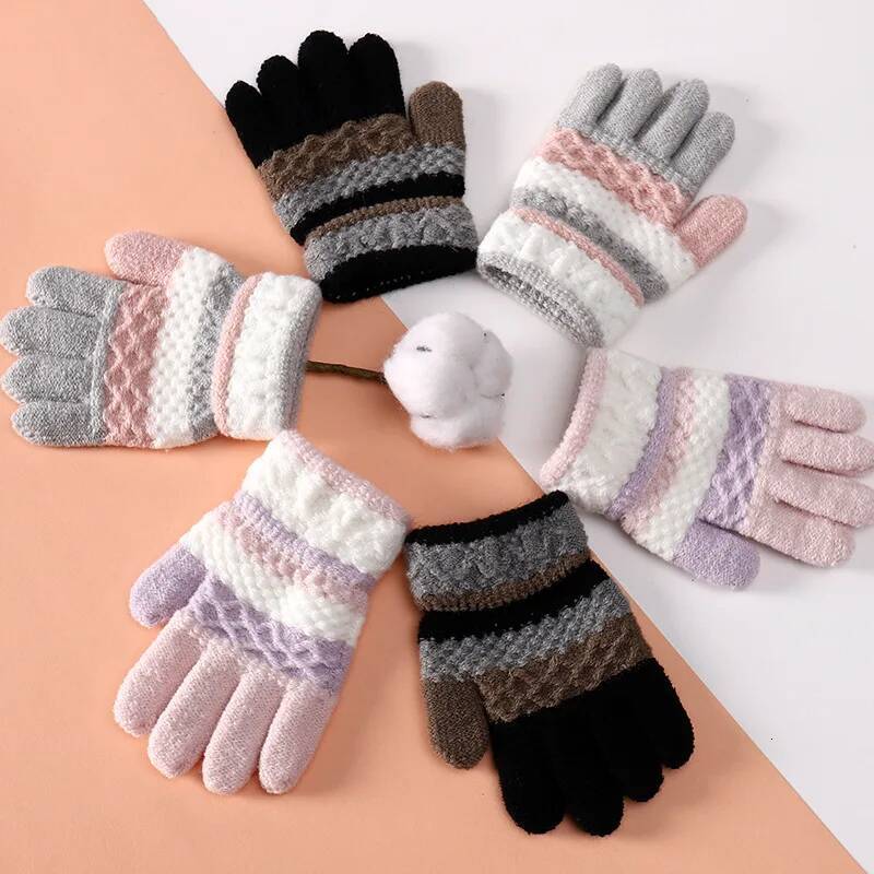 Autumn Winter Children's Warm 3-8 Year Old Boys and Girls Thickened Striped Knitted Full Finger Gloves ddmythur