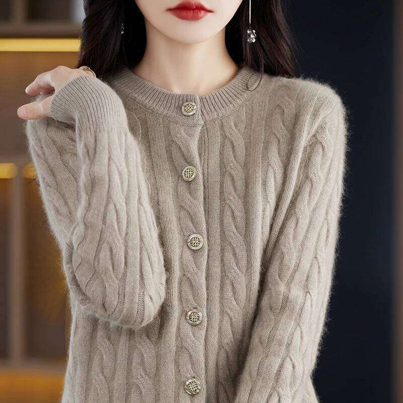 100% Mink Cashmere Cardigan Sweater Women's Knitted O-Neck Long Sleeve Top Casual Loose Fitting Clothing Korean Fashion Pullover MDNG