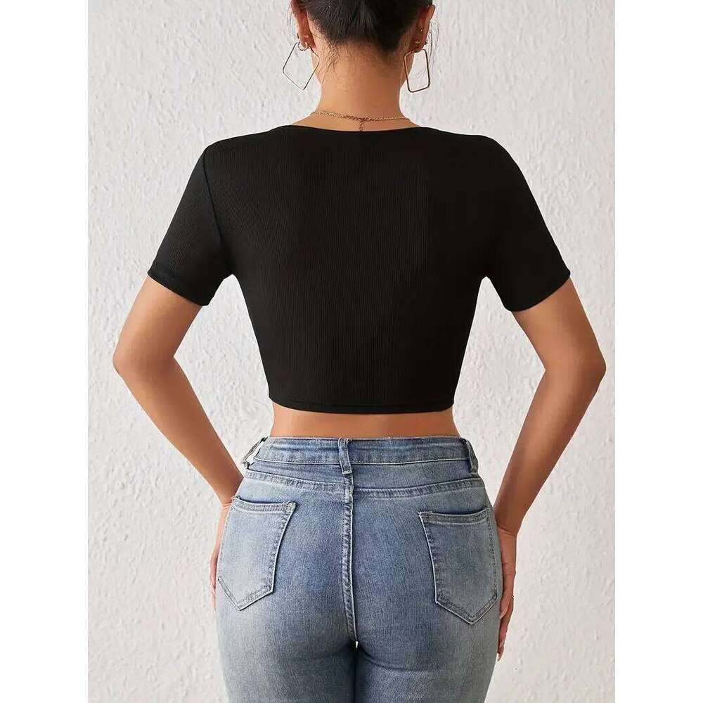 Square Solid Neck Crop T-Shirt, Y2K Sexy Short Sleeve T-Shirt For Women's Clothing Summer