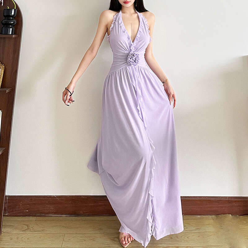 2025 Summer New Sexy Printed Slit Sleeveless Waist-Cinching Slimming Halter Deep V Dress for Women c14