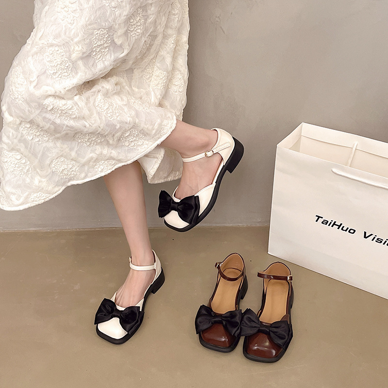 Ddmysports Women S Peep Toe Sandals Summer New Fairy Style Bowknot French Low Heel Square Mary Jane Shoes Outdoor Shoes