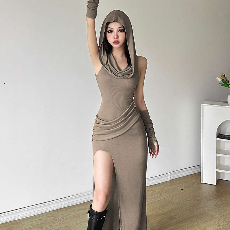 2024 Summer New Women's Solid Color Slim High Waist Fashion Hooded Sleeveless Split Dress f32