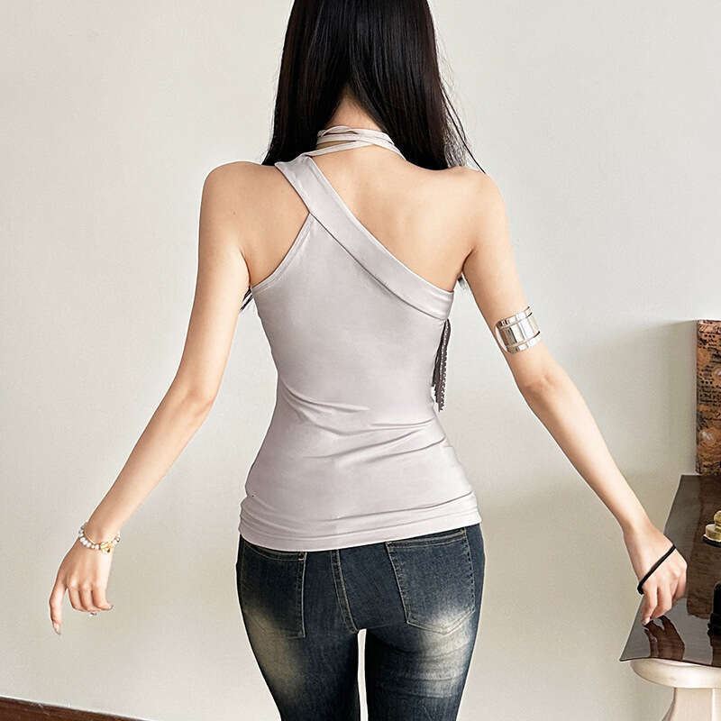2025 Spring New Women's Solid Color Slim Street Fashion Asymmetrical Neck Halter Sleeveless Tank Top a7f