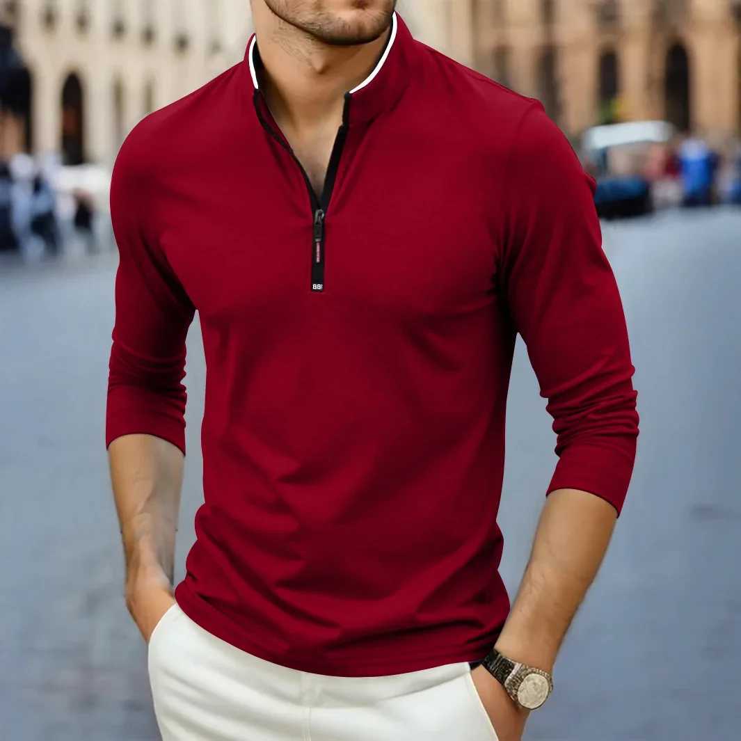 2025 New Mens Casual Fashion Solid Color Long Sleeve Polo Shirt Stand Up Collar Versatile Comfortable Top XJ250725