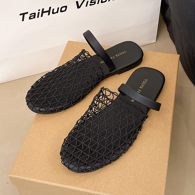 Ddmysports French Style Fishnet Toe Cap Half Slippers For Women Summer Outdoor New Mesh Hollow Woven Roman Sandals Outdoor Shoes