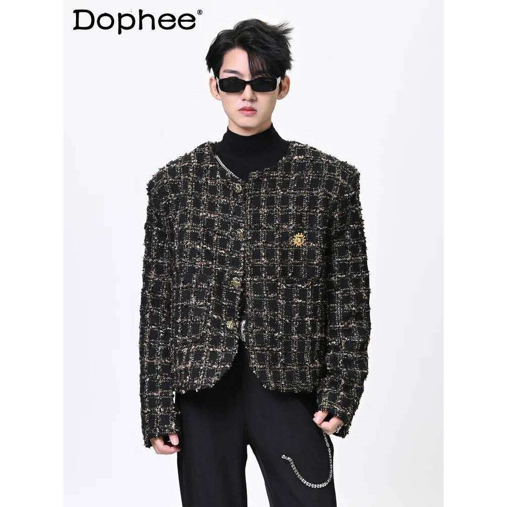 Male Small Fragrant Coats 2025 New Trendy Masculinity Tweed Plaid Long Sleeve Round Neck Tops Men's Chic Short Jackets