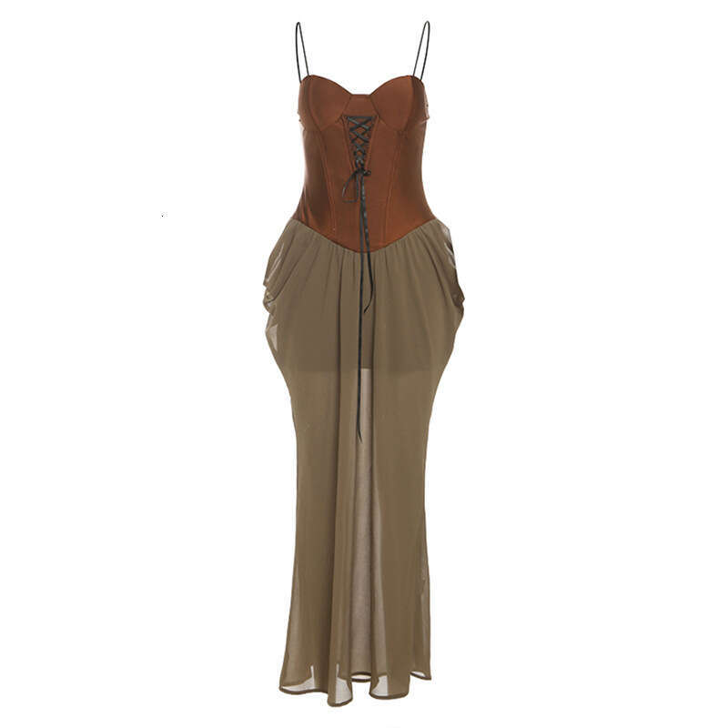 2025 Women's Independent Column Summer New Street Fashion Sexy Strap Spliced Long Dress e6c