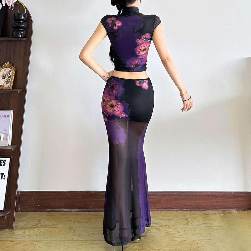 2025 Summer New Slim Fit Elegant Crop Top Versatile High Waist Printed Sexy Skirt for Women b8f