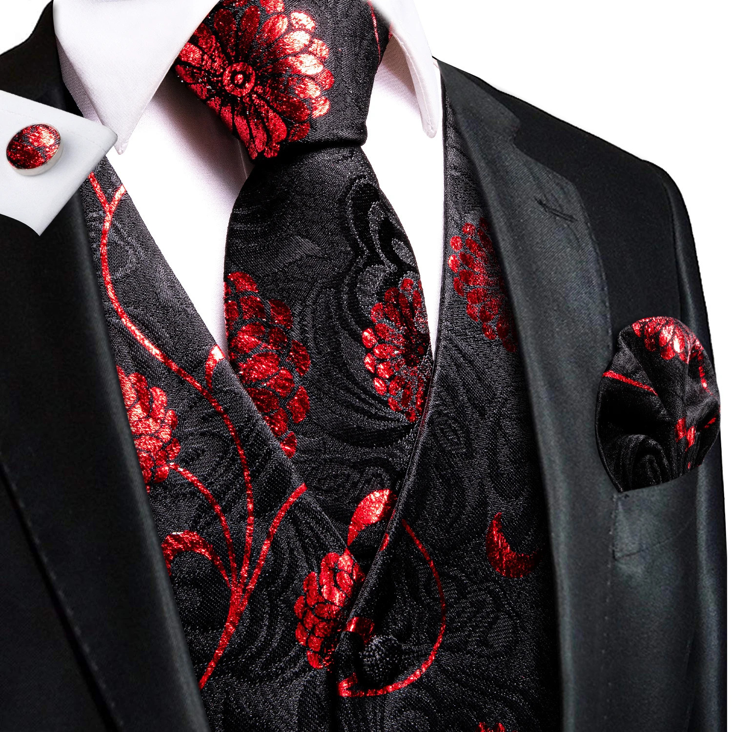 HiTie Silk Mens Vest Tie Hanky Cufflinks Set Jacquard Floral Paisley Waistcoat Sleeveless Jacket Necktie for Male Wedding Work 250725