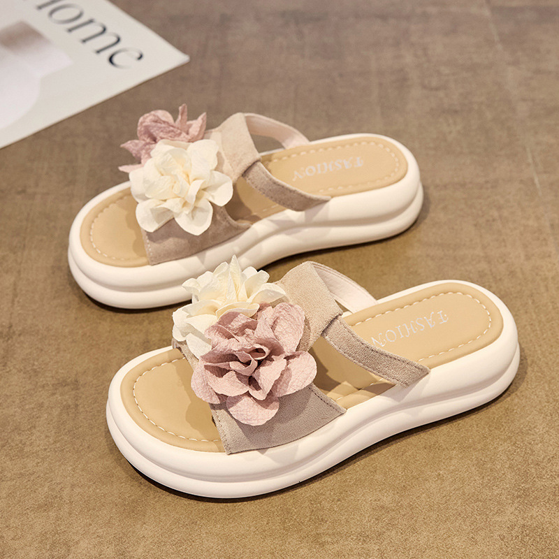 Ddmysports French Style New Women S Sandals Summer Thick Sole Sweet Flower Slippers Outdoor Fashion Versatile Wide Foot Roman Shoes Outdoor Shoes