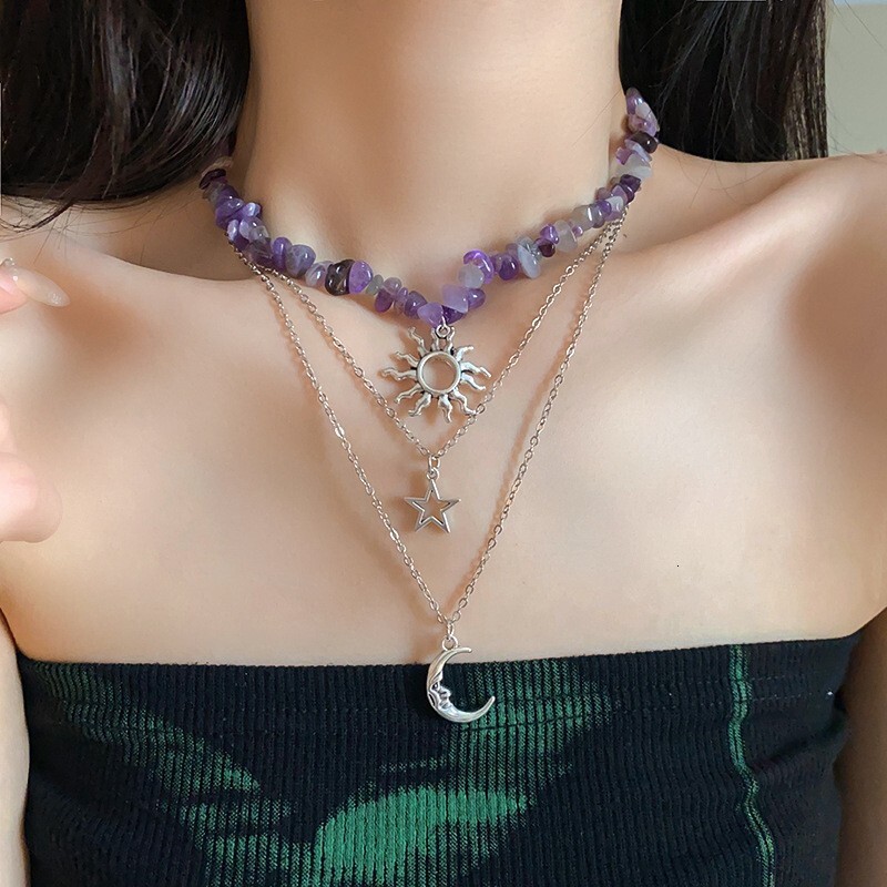 Fashion New Moon Pendant Stone Layered Suower Necklace High-end Simple Jewelry for Women Jewelry for Women
