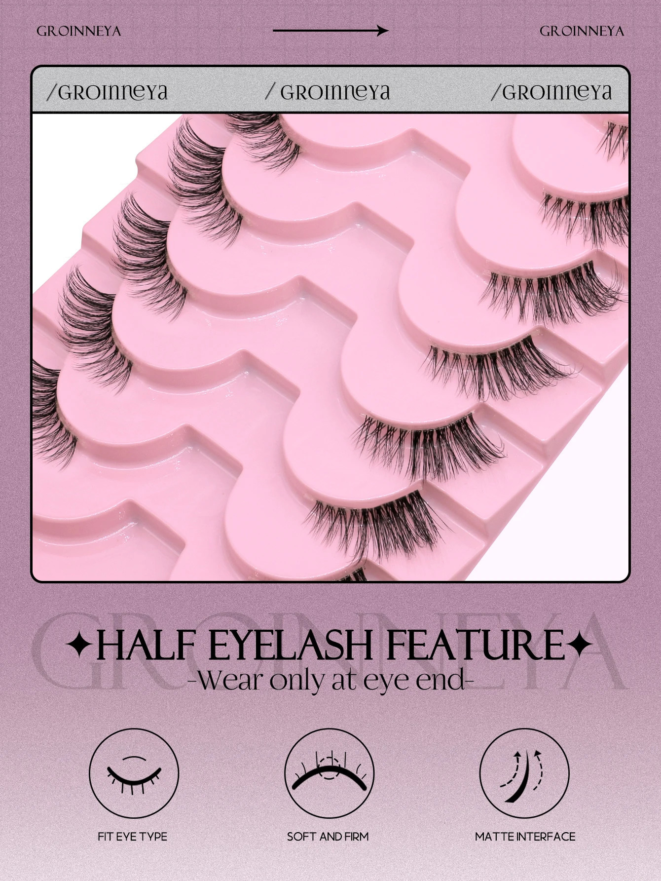 GROINNEYA Half Lashes Soft Natural Clear Band Look Faux Mink Wispy Eyelashes Makeup 250714