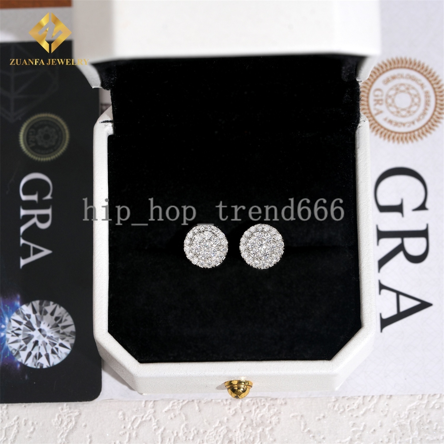 GRA Certified Round Moissanite Cluster Hip Hop Stud Earring 925 Sterling Silver Fully Iced Out Stud Earrings