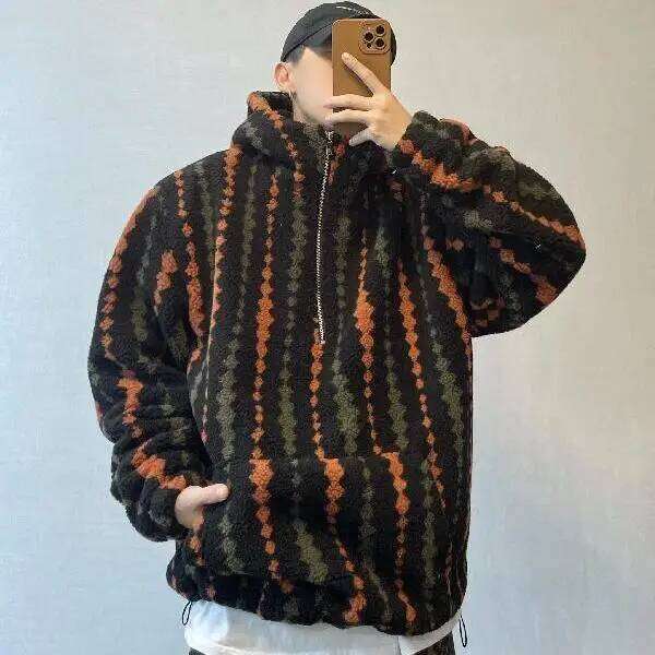 Autumn Winter Plus Size Men Hooded Coats Vintage Faux Lamb Fur Jackets Half-Length Zipper Warm Outwear