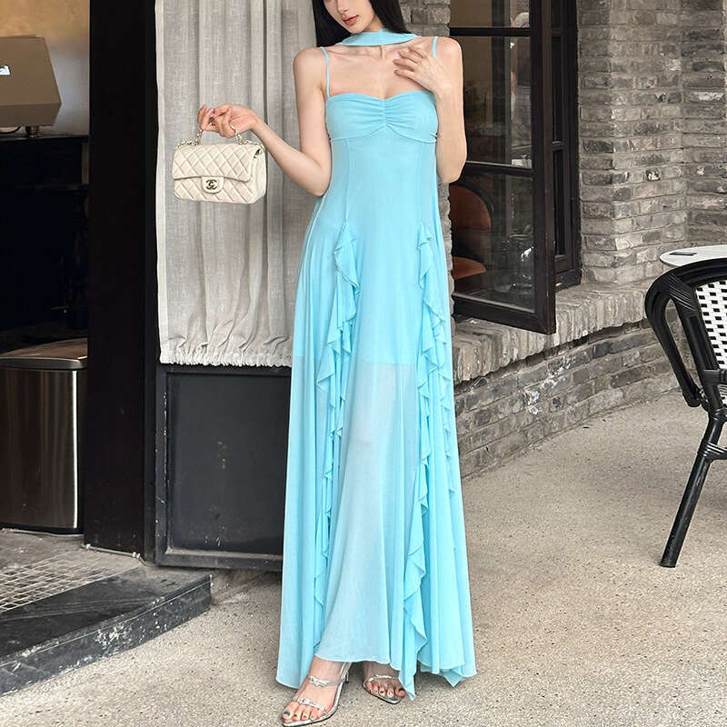 2025 Summer New Reverse Halter Pure Desire Beach Vacation Style Irregular Mesh Strap Dress 3da