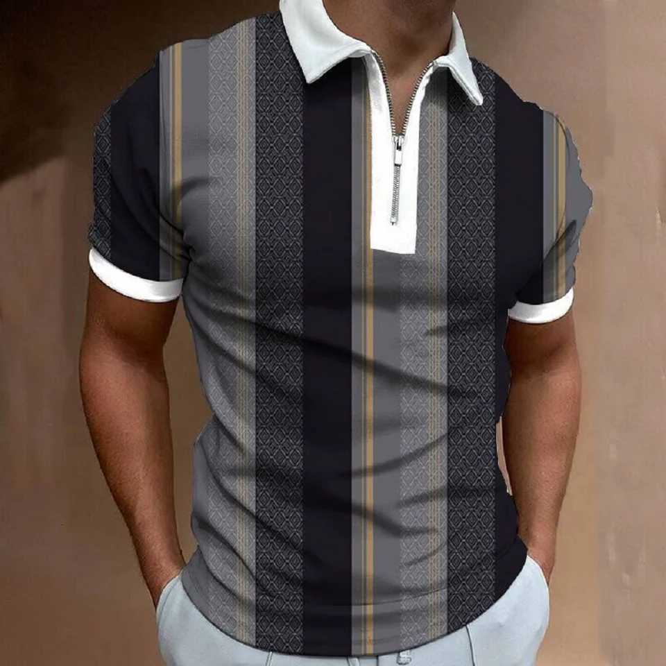 Mens Casual Striped Zipper Polo Shirt Personalized Printed Lapel Pullover Versatile Mens Tops Fashionable Mens ClothingXJ250725