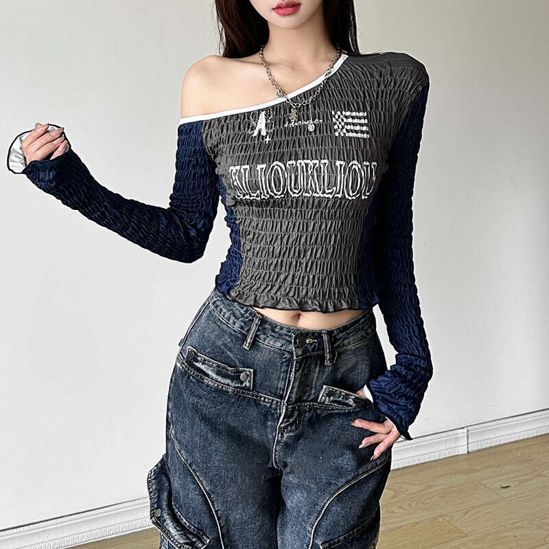 2024 Autumn New Women's Street Fashion Long Sleeve Asymmetrical Neck Slim Fit Crop Top T-Shirt 12b