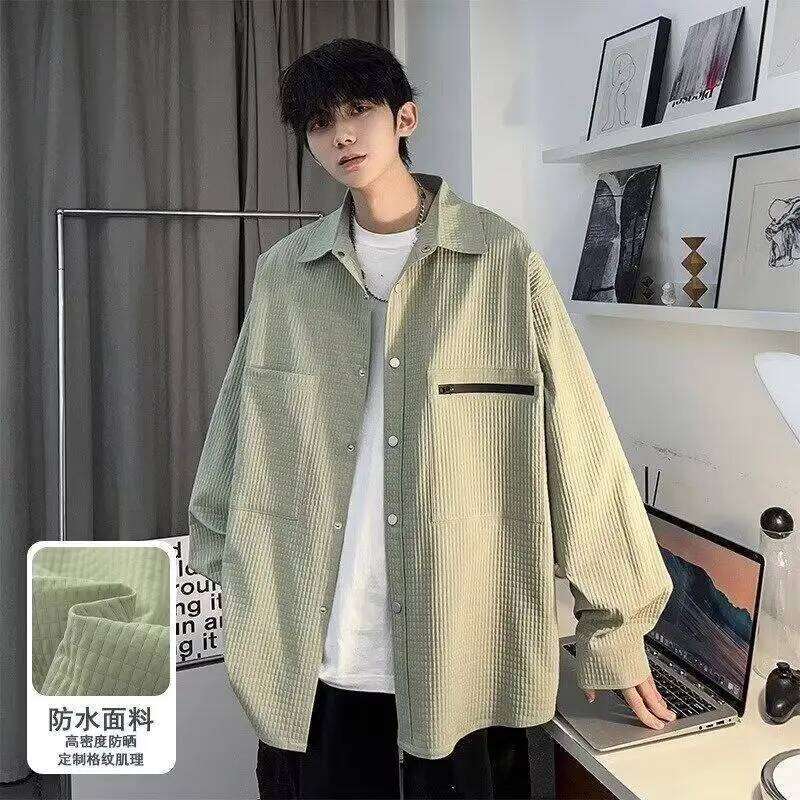 Hong Kong Style Work Shirt Men Long Sleeve Casual Trendy Overshirt