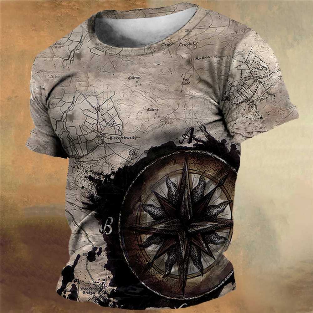 Vintage Mens T-Shirt Summer Compass Printed T-Shirt Tops Casual Short-Sleeve Tees Daily Mens Clothing Oversized Streetwear Y250724