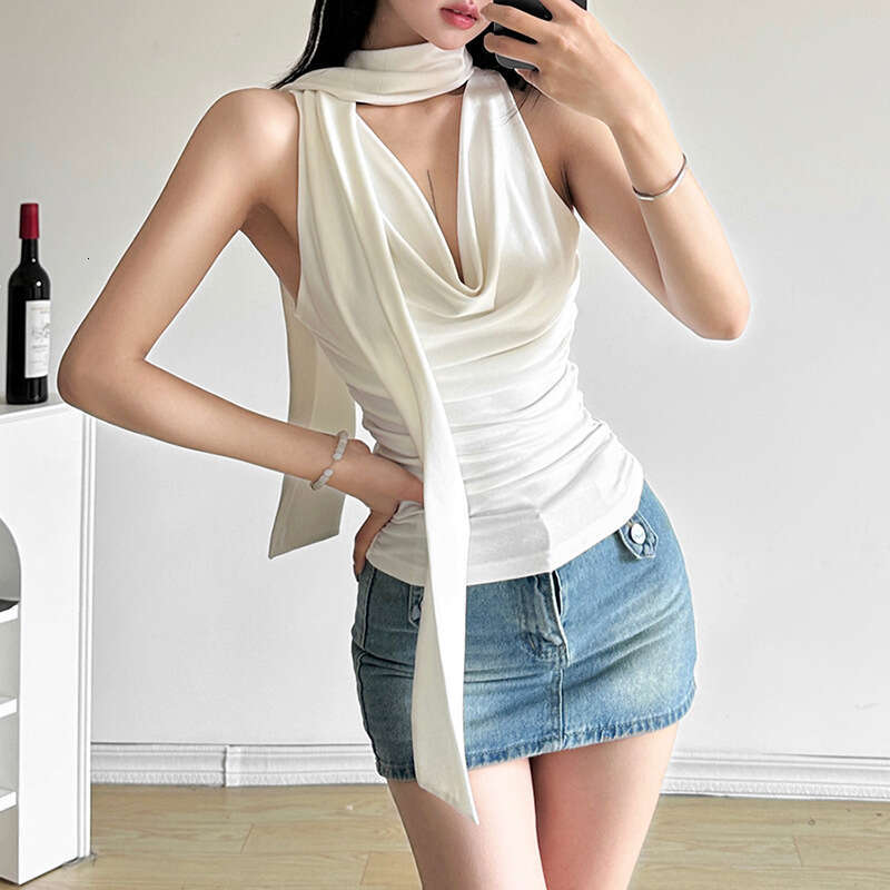 2024 Spring Summer New Fashion Solid Color Sexy V-Neck Slim Neck Scarf Sleeveless T-Shirt for Women ba6