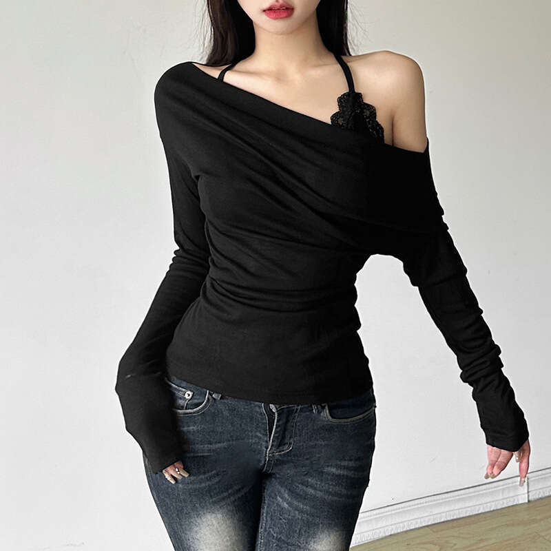 2024 Autumn New Women's Solid Color Slim Street Fashion Asymmetrical Neck Long Sleeve Top Two-Piece Set 5f4