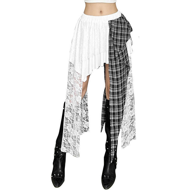 2025 Summer New Irregular Solid Color Patchwork Plaid Lace Slim Fit Trendy Versatile Midi Skirt 4f6