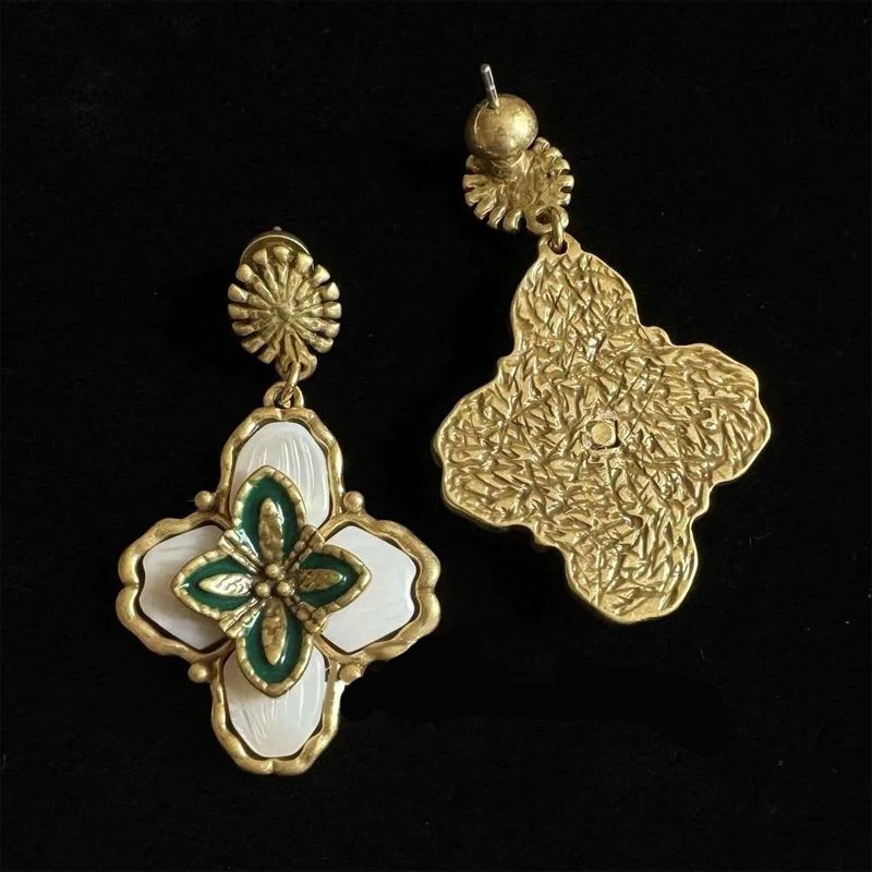 Vintage Pendant Designer Jewelry Green Flower Earrings