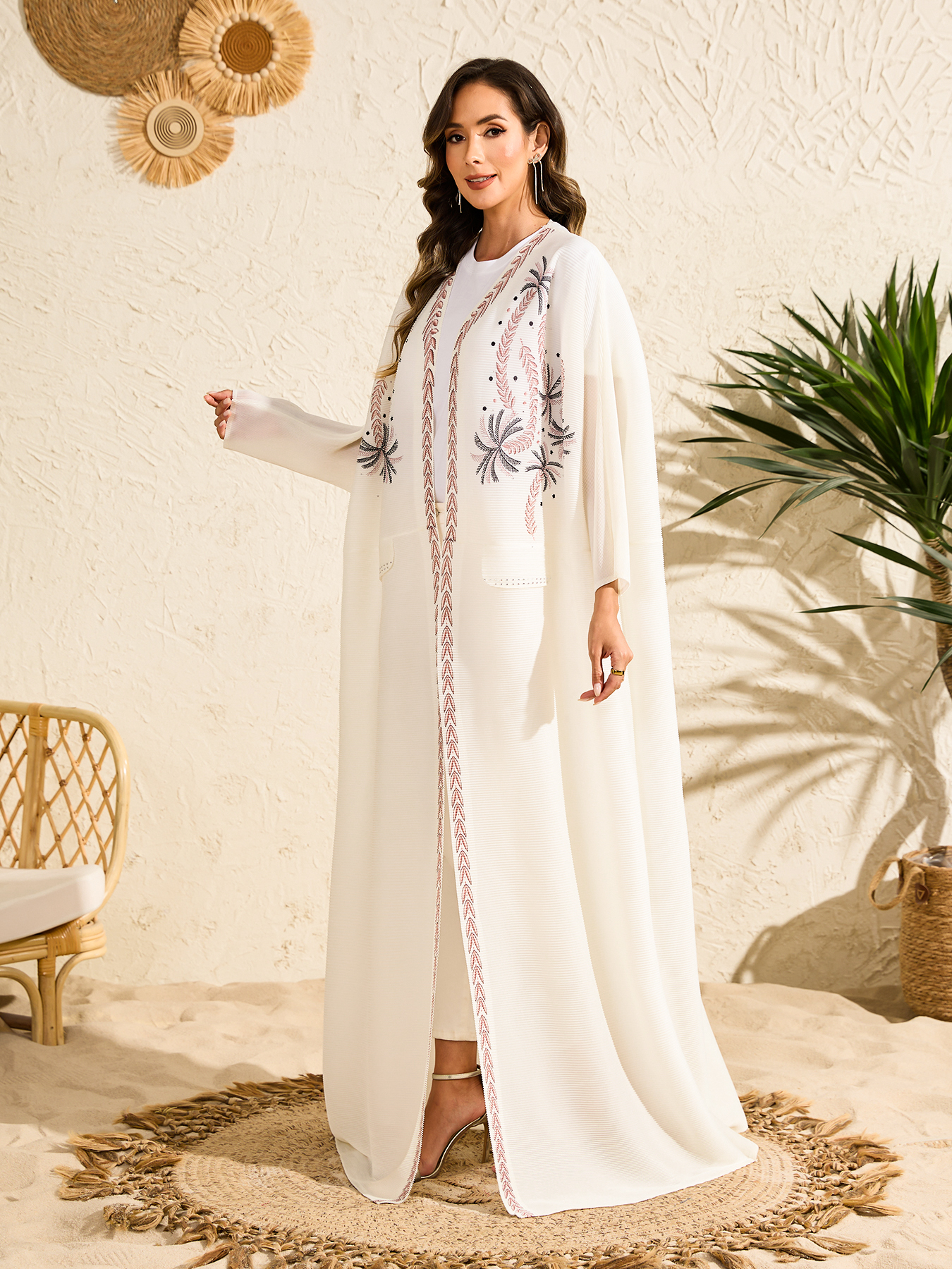 Long robe coat Ethnic Clothing The Middle Eastern printed pleated robe coat is elegant in Arab style NZ019