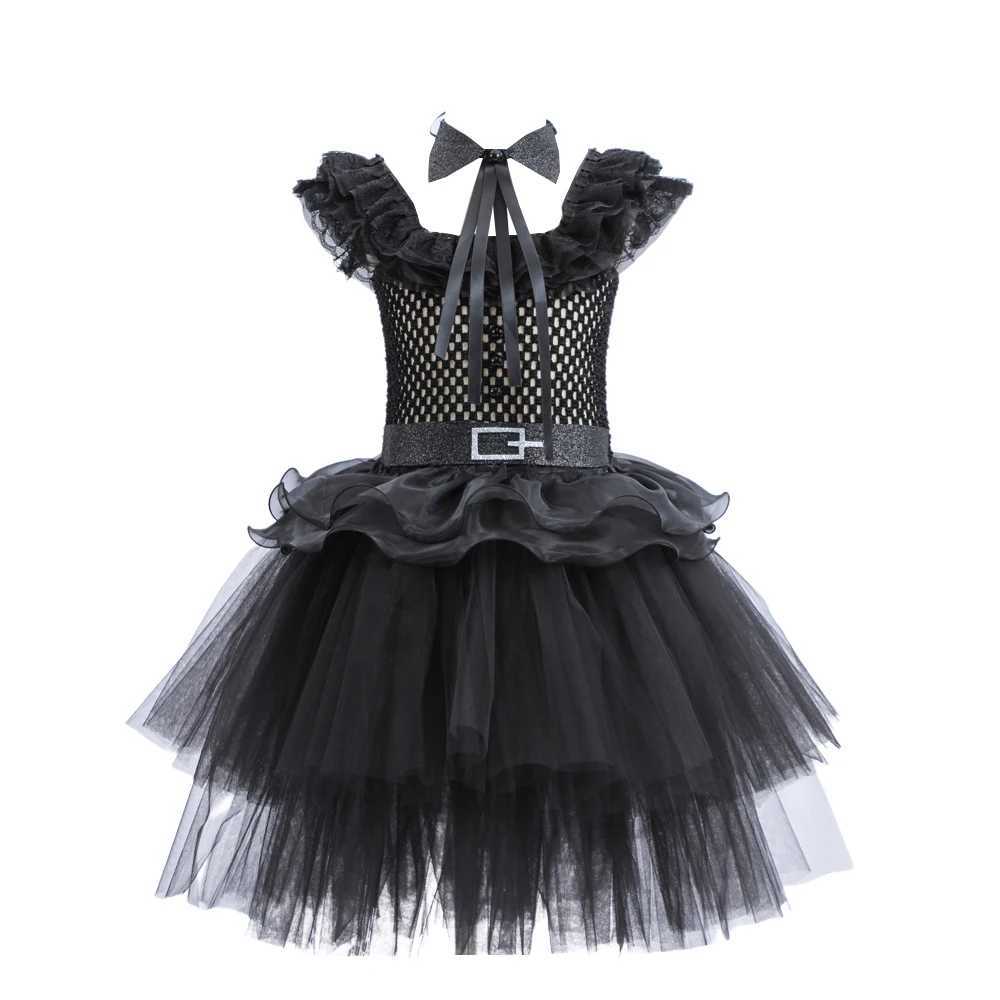 Black Mesh Fluffy Dress for Kids Girls Gothic Sle Wednesdy Costume Halloween Dress Up Par Children Outfits Disguise Printing Z250725
