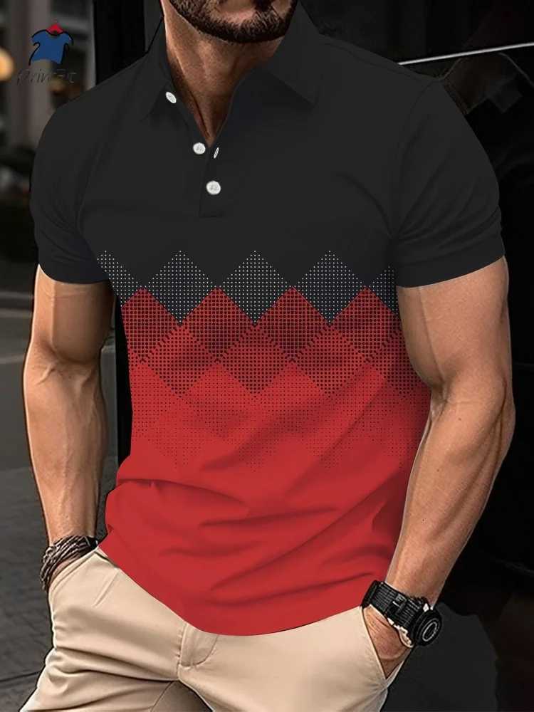 Retro Geometry Polo Shirt For Men Colorful Stripes Pattern 3D Printed T-Shirts Summer Loose Lapel Top Button Short Sleeve Tees XJ250725