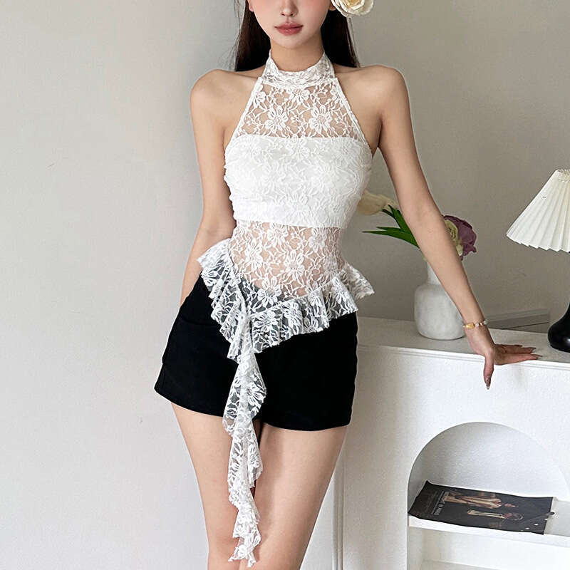 2024 Women's Summer New Fashion Sexy Round Neck Sleeveless Lace Trim Tank Top 489