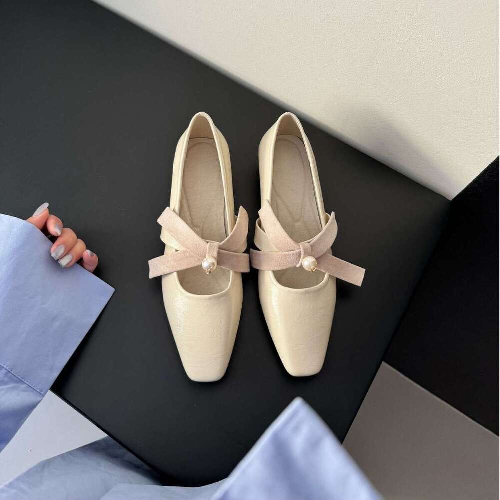 Square Toe Single Women, Chunky Heel, Comfortable French Style High Heels, Elegant Pearl Cross Strap Shoes for Women