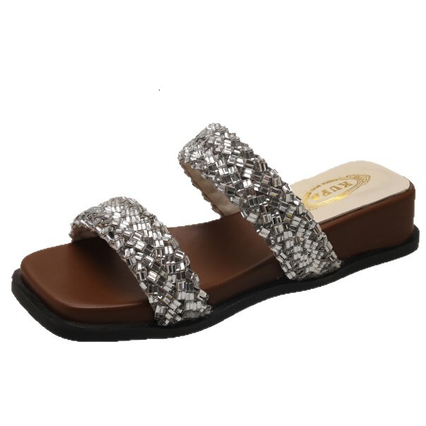 Ddmysports French Rhinestone One Strap Sandals For Women Summer New Fairy Style Dress Matching Low Heel Elegant Fashionable Slippers Outdoor Shoes