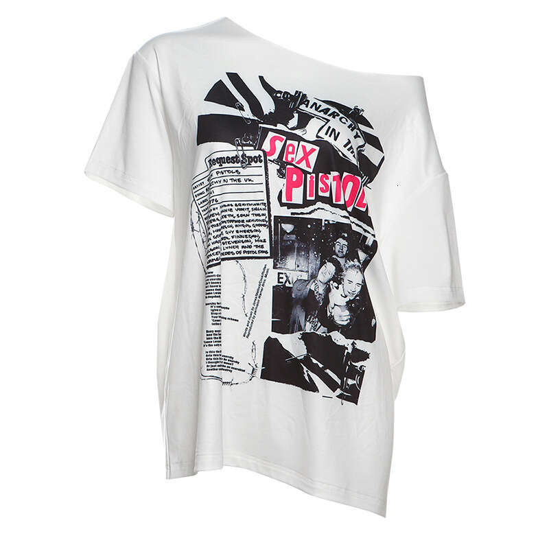 2025 Summer INS Style New Trendy Asymmetrical Shoulder Letter Print Loose Versatile T-Shirt Top 9ea