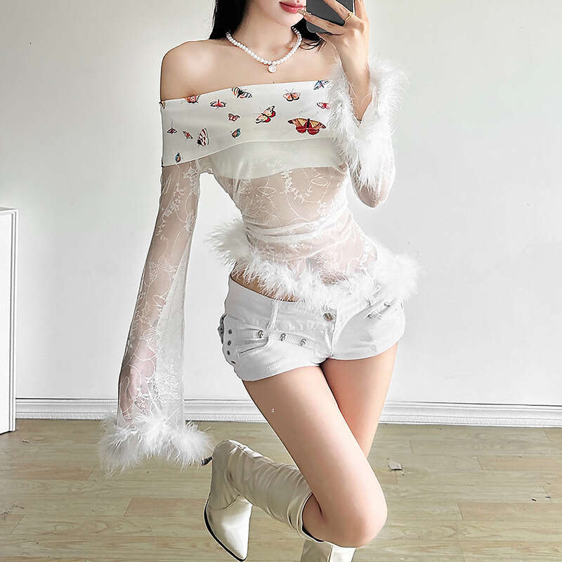 2024 Autumn New Fashion Sexy Off-Shoulder Long Sleeve Mesh Irregular Top 9c8