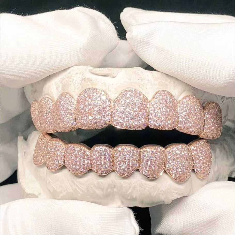 Top Quality Grillz GRA Certified 14k Gold VVS Moissanite Round Cut Pink Diamond Grillz Hip Hop Iced Out Teeth Grillz for Men